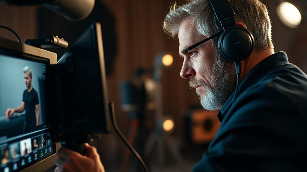 Close-up of a film director reviewing footage on a monitor in a professional studio setting, concentrating intently, soft studio lighting highlighting creative focus and technical expertise