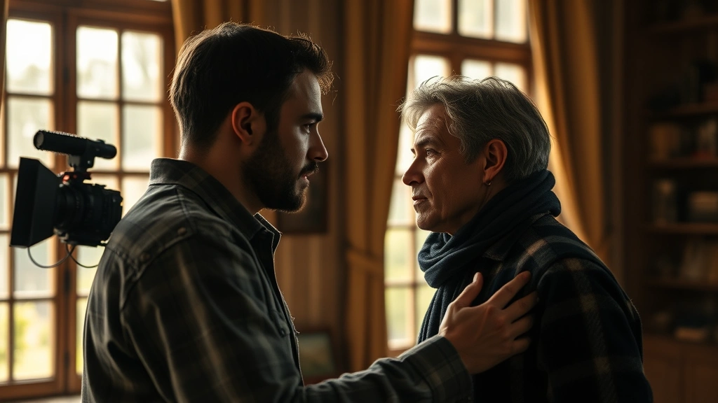 Two actors in an intimate scene showing vulnerability and emotional connection during a film production, warm natural lighting through windows, capturing authentic human emotion and character depth