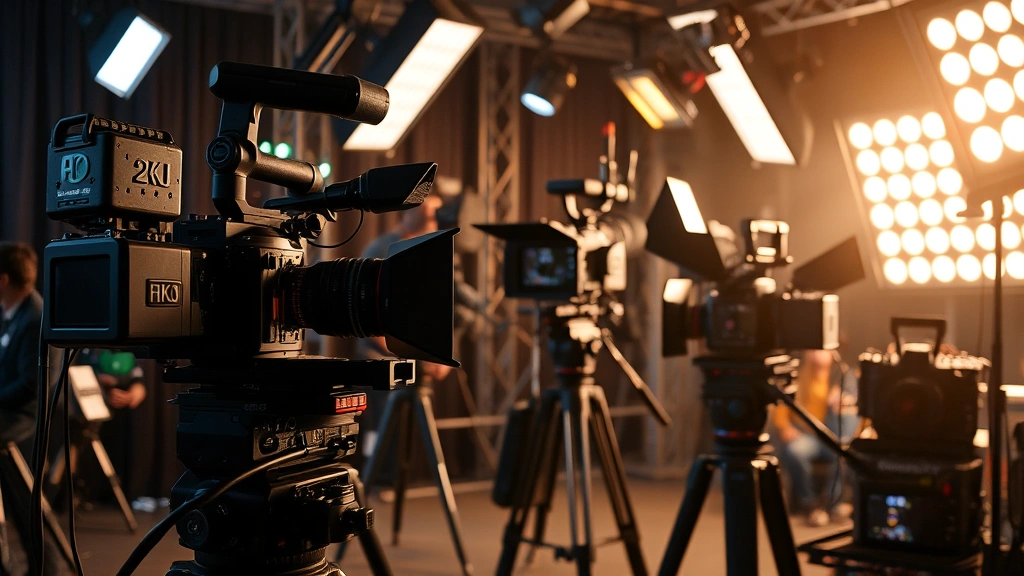 Film production equipment including cameras, lighting rigs, and sound equipment on a movie set, professional cinematography setup showing the technical artistry behind contemporary filmmaking