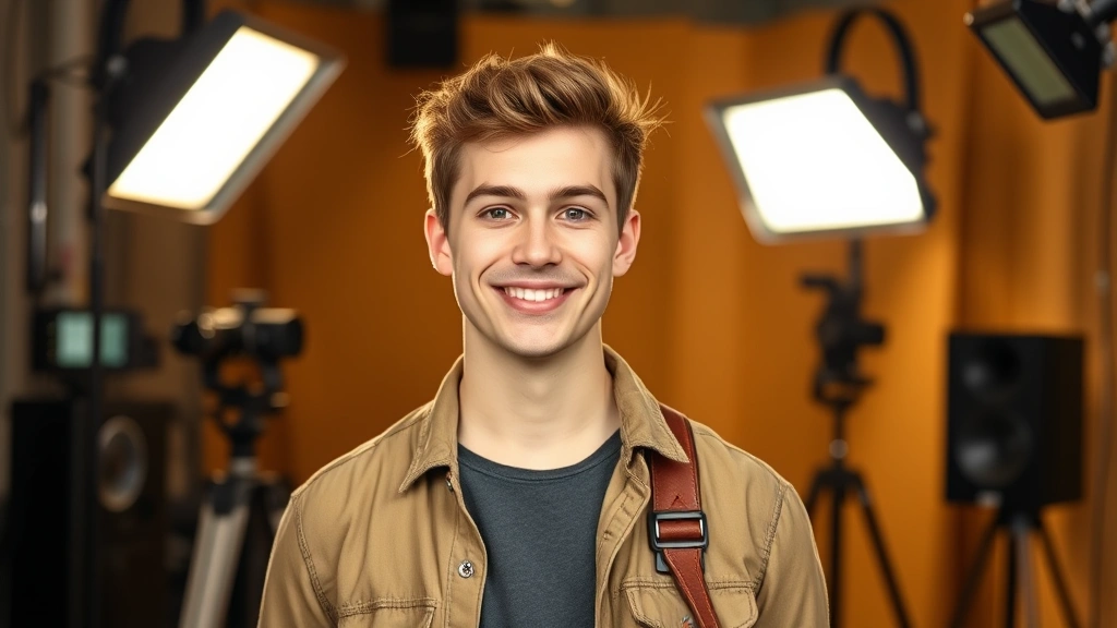 Young actor in casual 2000s clothing, bright studio lighting, genuine smile, television production set background, natural lighting, professional headshot style, confident posture, neutral backdrop