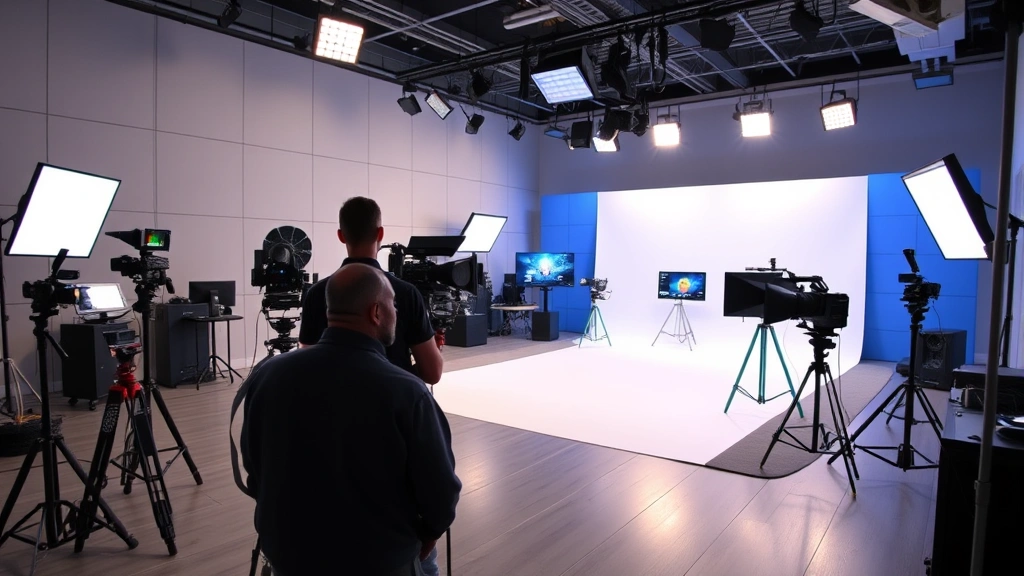 Modern television studio or production facility, professional filmmaking equipment visible, contemporary digital media technology, creative workspace atmosphere, production company environment, bright professional lighting