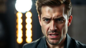 Professional actor in dramatic scene, intense facial expression conveying emotional conflict, modern television studio lighting, depth of field focusing on face, contemporary professional headshot style photography