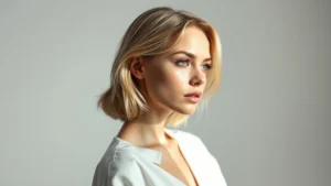 Professional female supermodel in minimalist white studio setting, dramatic side lighting, sophisticated editorial aesthetic, natural makeup, blonde hair, contemplative expression, fashion photography style composition