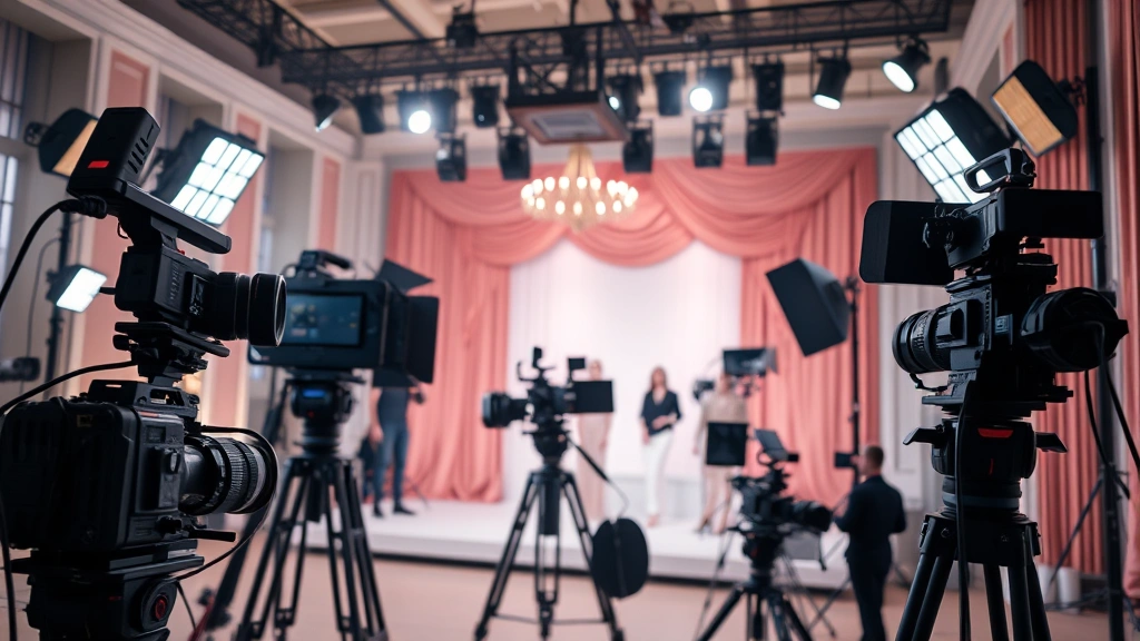 Film production set with cinema camera equipment, professional lighting rigs, elegant fashion-inspired set design, behind-the-scenes filmmaking atmosphere, no people visible, modern digital cameras