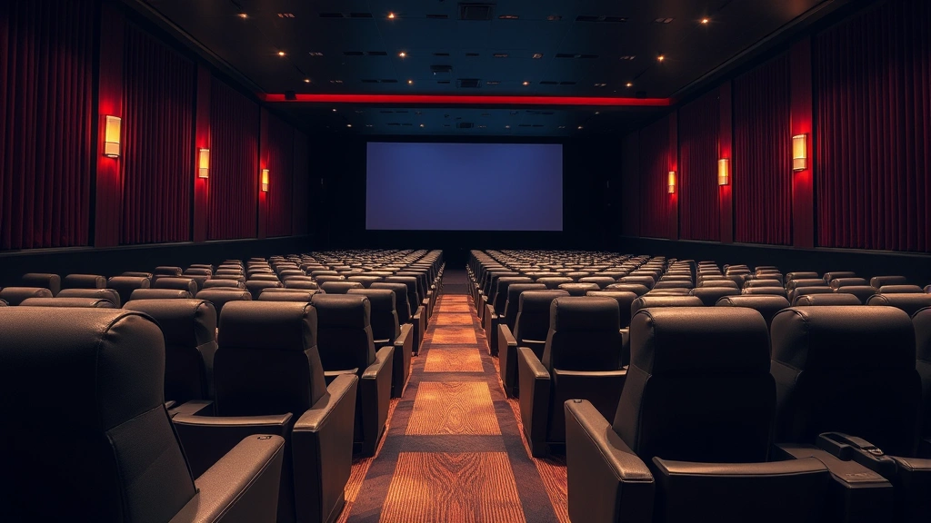 Contemporary cinema theater interior with comfortable seating, warm ambient lighting, movie screen in background, sophisticated entertainment venue, luxury theater aesthetic, no screens or text visible