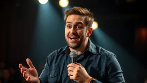 Male comedian performing on stage with expressive facial expressions and animated body language, professional stage lighting creating dramatic shadows, audience blur in background, photorealistic documentary-style cinematography