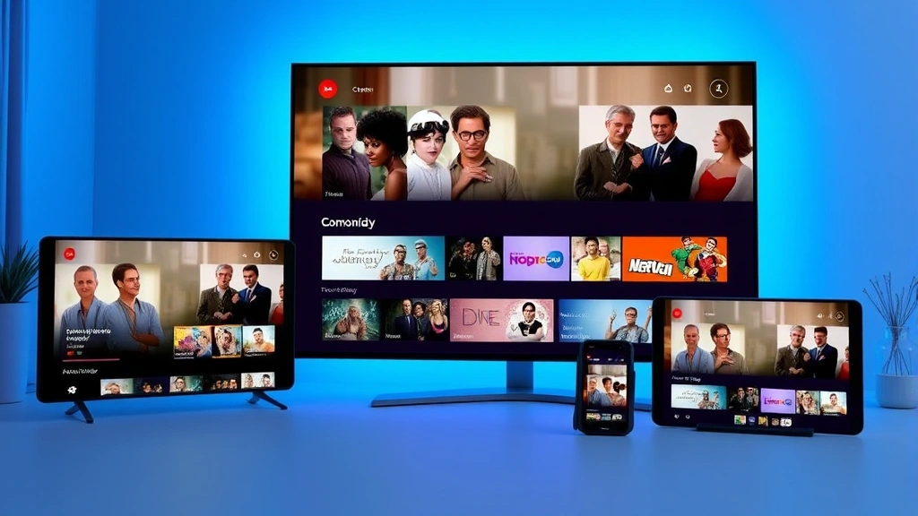 Modern streaming platform interface displayed on multiple devices showing comedy content thumbnails and viewing options, soft blue light, contemporary digital media aesthetic, clean minimalist design