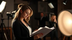 Professional woman in elegant film set lighting, reviewing script pages, sophisticated studio environment with soft diffused lighting, candid moment of artistic focus and preparation