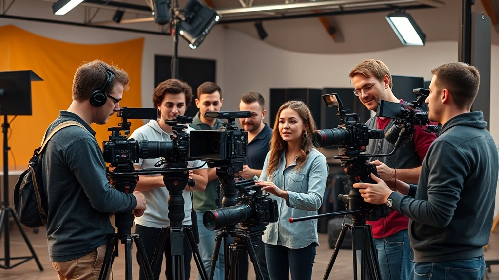 Diverse film production crew collaborating on set with cameras and professional equipment, modern cinema technology, creative professionals working together in contemporary studio space