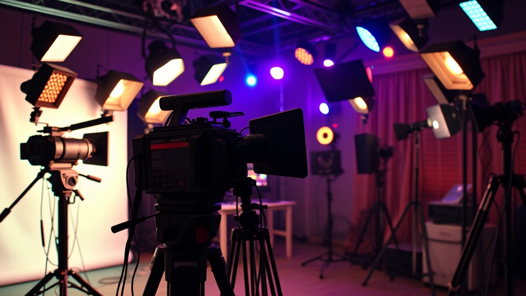 Vintage 1990s-2000s entertainment industry aesthetic, stylized photography setup with professional lighting rigs, classic film production environment representing era of transitional entertainment careers