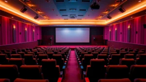 Modern cinema auditorium with rows of comfortable reclined seats, warm ambient lighting, large projection screen visible in distance, empty theater ready for audience, professional theater interior design