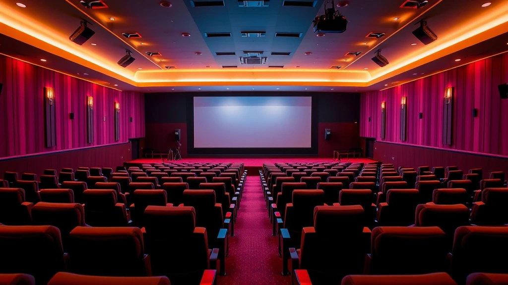 Modern cinema auditorium with rows of comfortable reclined seats, warm ambient lighting, large projection screen visible in distance, empty theater ready for audience, professional theater interior design