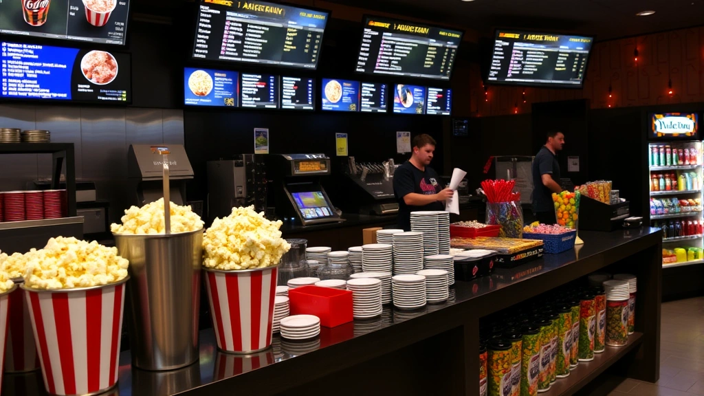 Movie theater concession counter with fresh popcorn in metal containers, beverage cups, candy displays, digital menu boards above counter, theater staff visible, inviting snack bar atmosphere