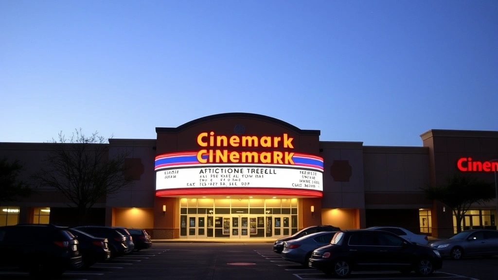 Cinemark theater exterior at dusk with illuminated marquee signage, parking lot with vehicles, entrance doors lit up, suburban shopping area surroundings, modern multiplex architecture