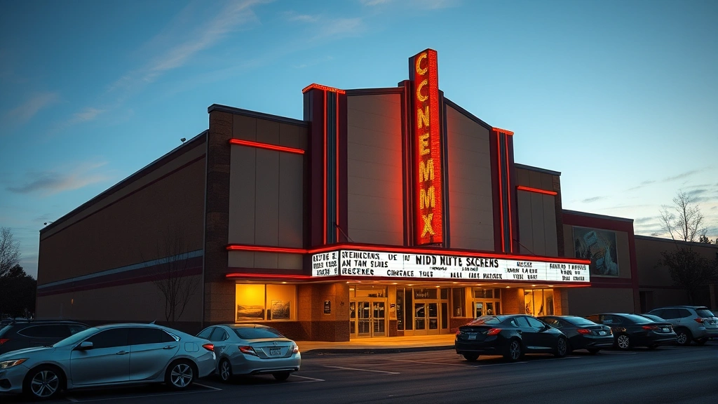 Wide shot of a modern eight-screen multiplex cinema exterior at dusk with illuminated marquee and parked cars, suburban Ohio setting, photorealistic architectural photography