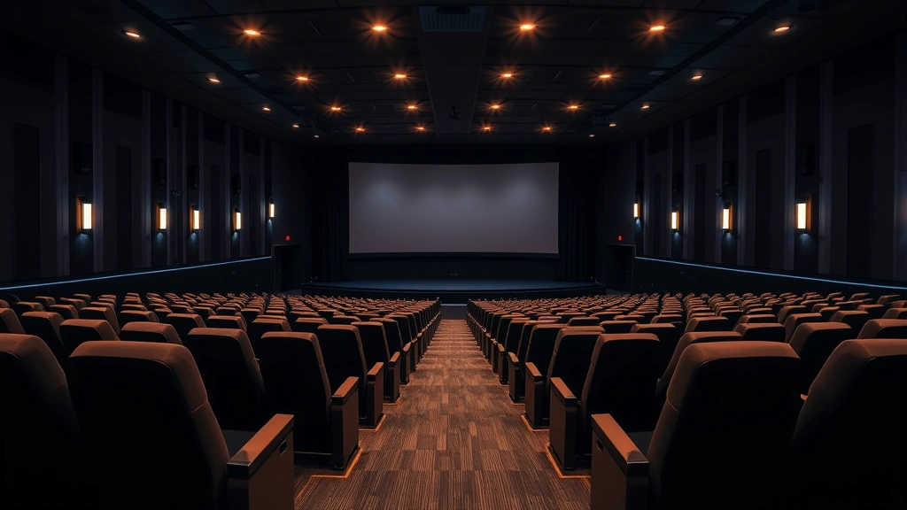Interior view of a theater auditorium with rows of comfortable seating, large cinema screen, and ambient lighting, emphasizing spacious layout and viewing comfort, no visible text