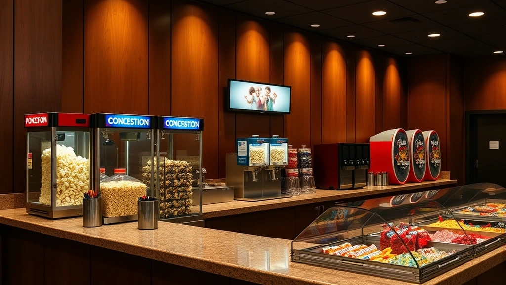 Concession counter display with popcorn machines, beverage dispensers, and candy selection in a movie theater, warm professional lighting, inviting commercial environment