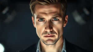 Professional actor in dramatic lighting, intense focused expression, contemporary studio setting, photorealistic portraiture, serious professional headshot aesthetic, shallow depth of field background