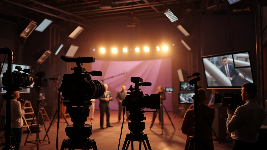 Television production set with professional lighting rigs, camera equipment, director's monitors visible, crew members working, dramatic scene setup, professional broadcast television environment, documentary-style production photography