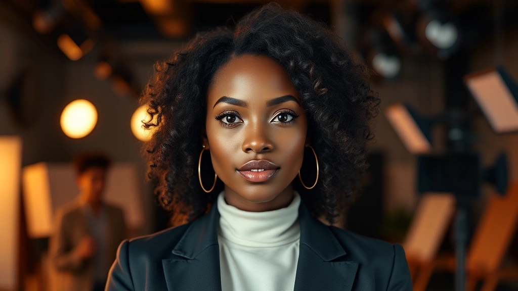 Professional headshot of a Black female actress in modern film production setting, sophisticated styling, warm studio lighting, contemporary professional attire, confident expression, cinematic quality photography