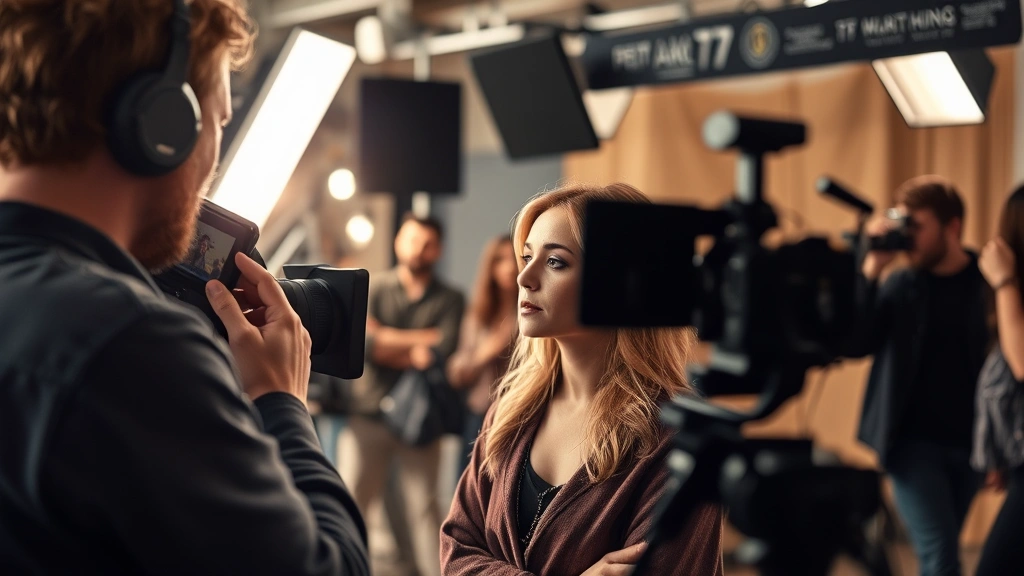 Behind-the-scenes film set environment showing actress in character preparation, professional makeup and wardrobe, director and crew visible in soft focus, dynamic studio atmosphere, natural professional lighting