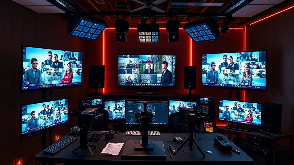 Contemporary entertainment industry workspace with multiple screens showing film and television content, modern digital media production environment, professional equipment and monitors, creative collaborative setting, warm accent lighting