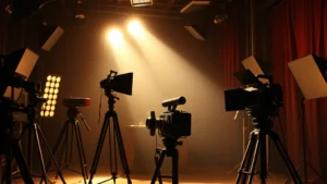 A professional film set from the 1960s showing cinematography equipment and lighting rigs, with dramatic shadows and vintage camera technology prominently displayed, photorealistic high-quality production design