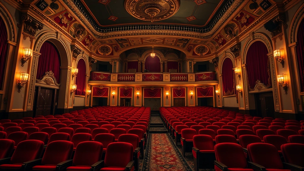 A vintage movie theater interior with ornate architecture, red velvet seats, and warm lighting from the classic Hollywood era, empty theater showing atmospheric cinema experience