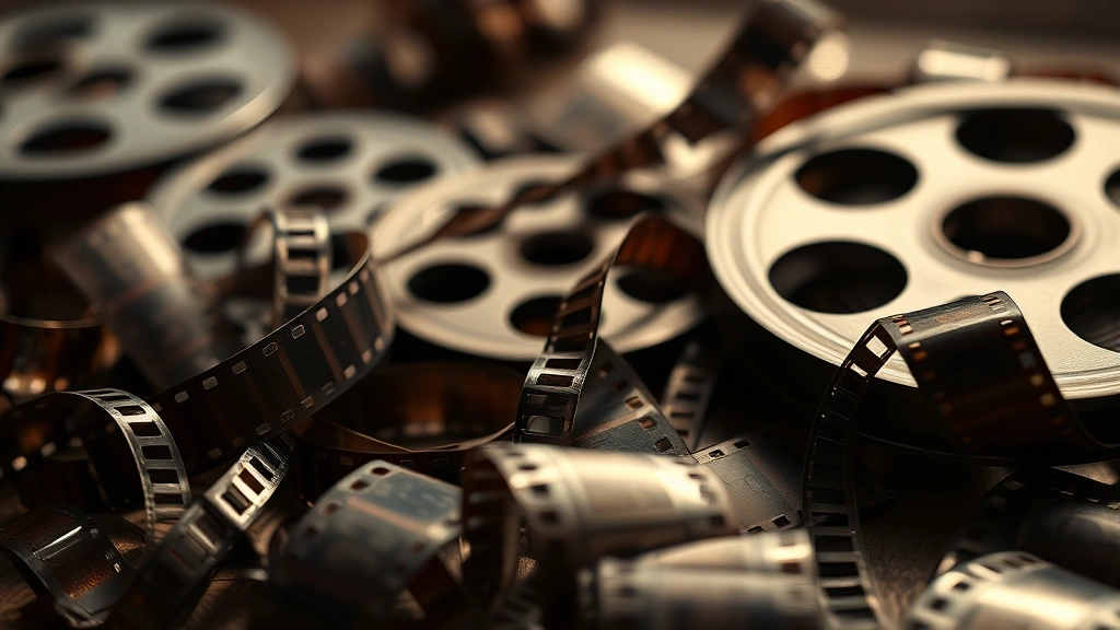 Close-up of vintage film reels and 35mm cinema film strips scattered artistically, showing film stock texture and classic movie production materials in dramatic lighting