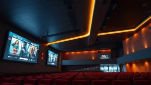 Modern cinema multiplex interior with digital signage displaying movie posters, comfortable seating rows visible, warm ambient lighting, contemporary theater design, no text visible on screens