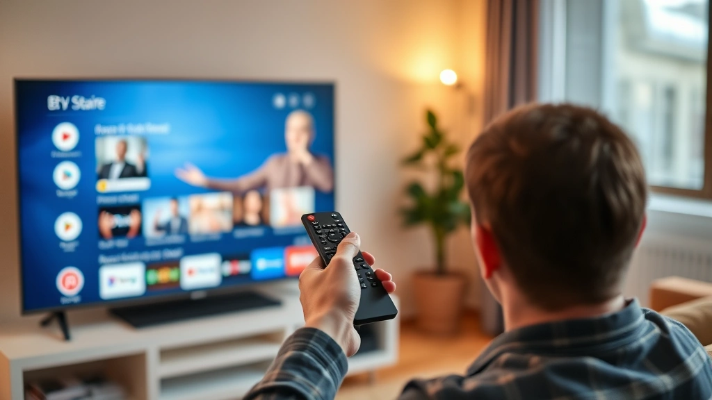 Person holding television remote while browsing streaming service interface on smart TV in living room, warm home lighting, relaxed posture suggesting casual viewing, contemporary entertainment setup