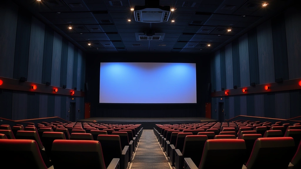 Movie theater auditorium with premium seating and advanced projection technology, large cinema screen, sophisticated sound equipment visible, empty theater before showing, professional theatrical environment