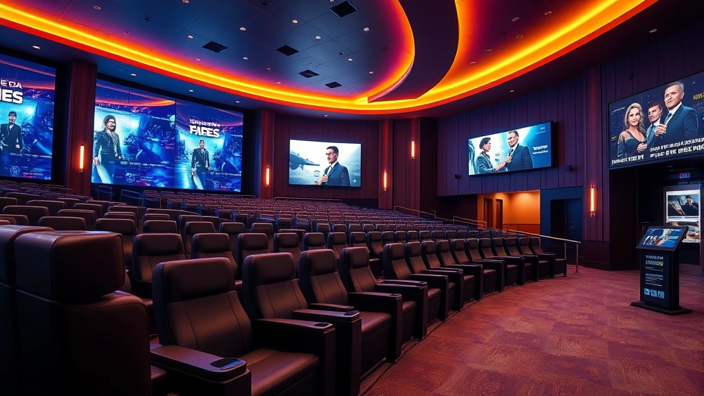 Modern multiplex cinema interior with luxury reclining seats, warm ambient lighting, multiple screens visible through glass partitions, sophisticated theater lobby with digital signage displaying current movie releases and showtimes
