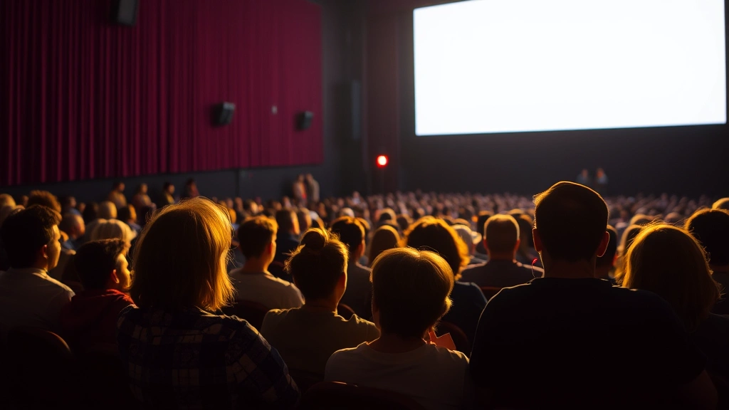 Group of diverse audiences sitting in theater seats, silhouetted against bright movie screen, warm theatrical lighting creating intimate atmosphere, shared cinematic experience visible in their posture and attention