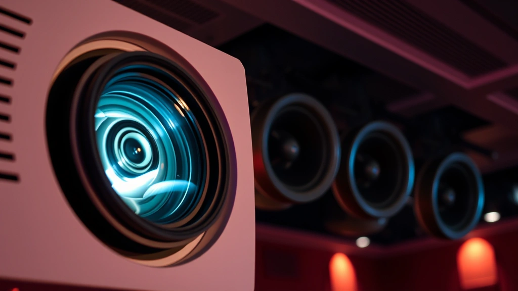 Close-up of premium cinema technology: professional projector lens reflecting light, advanced sound system speakers mounted in theater ceiling, sophisticated equipment demonstrating theatrical technical superiority