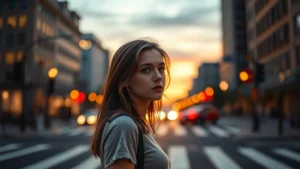 Young woman standing at crosswalk intersection at dusk, city lights blurred in background, contemplative expression, looking both directions, warm and cool lighting contrasting on her face, photorealistic cinematic quality