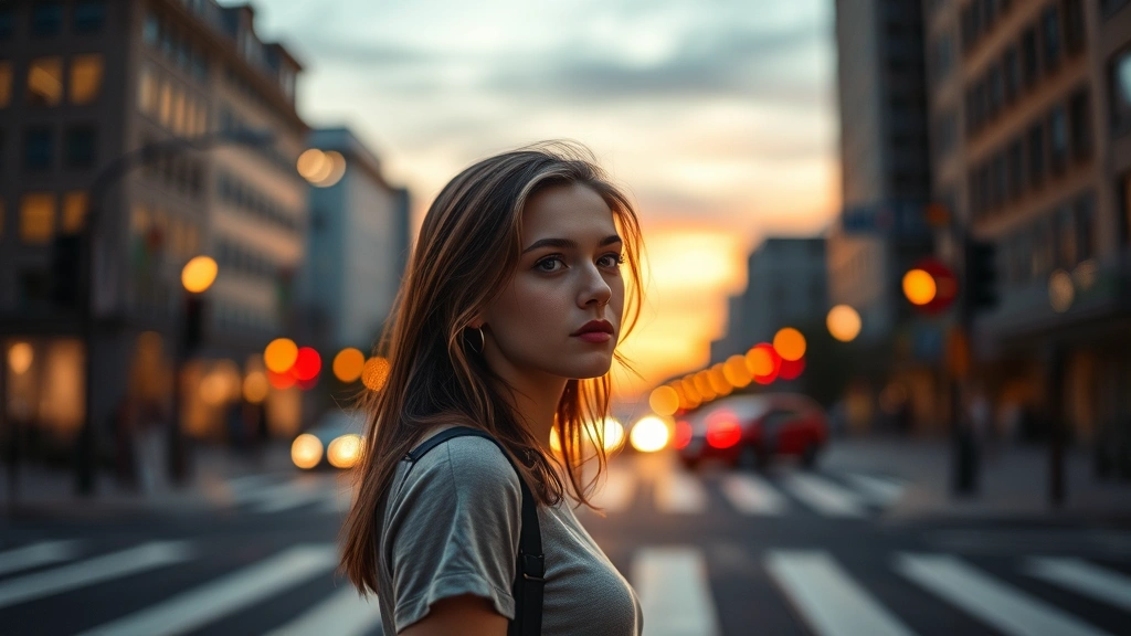 Young woman standing at crosswalk intersection at dusk, city lights blurred in background, contemplative expression, looking both directions, warm and cool lighting contrasting on her face, photorealistic cinematic quality