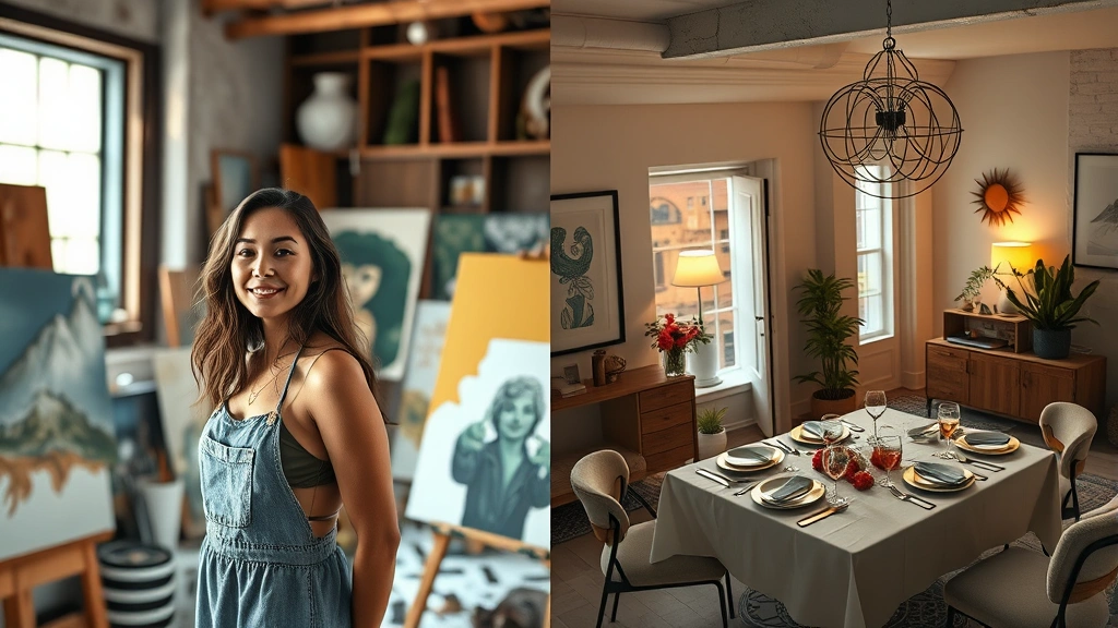 Split-screen perspective showing same woman in two different settings - one in art studio surrounded by canvases and creative materials with natural window light, other in cozy modern apartment with romantic dinner setup, both spaces showing different life paths, photorealistic detailed environments
