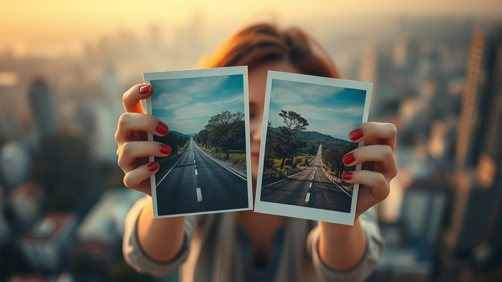 Overhead shot of woman holding two different photographs or life paths represented abstractly through visual storytelling, soft focus background of city landscape, symbolic representation of choice and consequence, cinematic depth of field, warm color grading