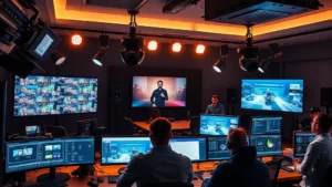 Professional film and television production control room with multiple monitors displaying live broadcast feeds, producers and technical crew monitoring real-time content, modern lighting equipment, digital interfaces showing production metrics, bustling creative workspace atmosphere