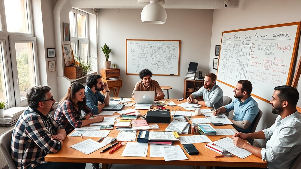 Comedy writers' room with diverse creative professionals collaborating around large table covered with scripts and notes, whiteboards filled with sketch ideas, casual creative environment encouraging brainstorming, natural light from windows, artistic energy and creative collaboration