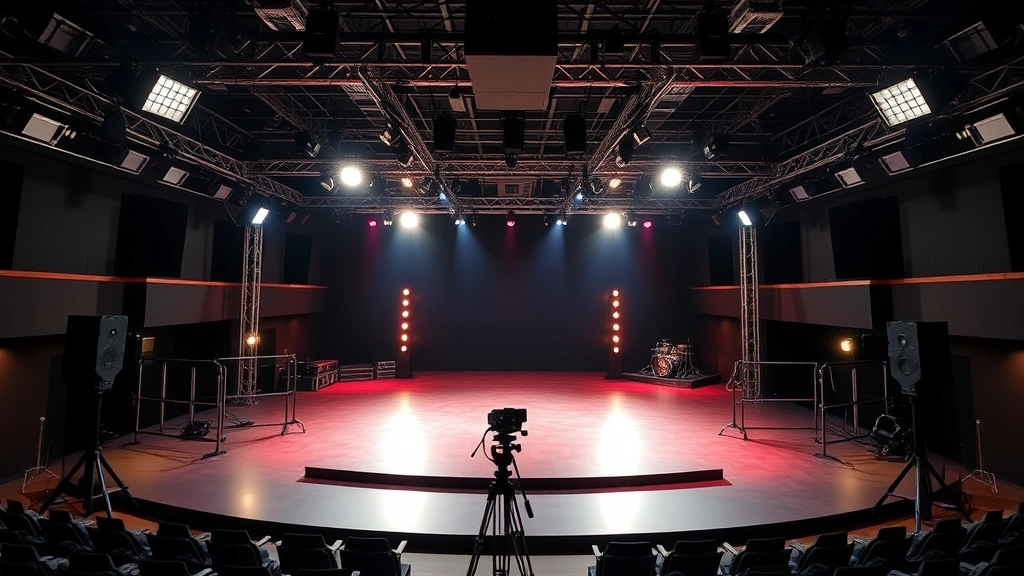 Television studio stage with professional lighting rigs, empty performance space ready for live broadcast, camera equipment positioned for capturing performances, audience seating visible in background, professional production infrastructure supporting live entertainment