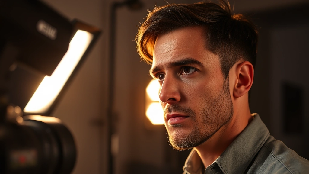 Professional actor in dramatic scene, studio lighting, intense emotional expression, modern film production setting