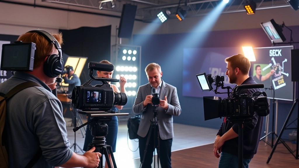 Television and film production crew on set, cameras and lighting equipment, collaborative creative environment, digital production technology