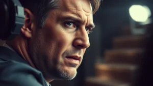 Professional actor in dramatic scene, intense emotional performance captured in close-up, professional film lighting, depth of field cinematic photography, authentic human expression