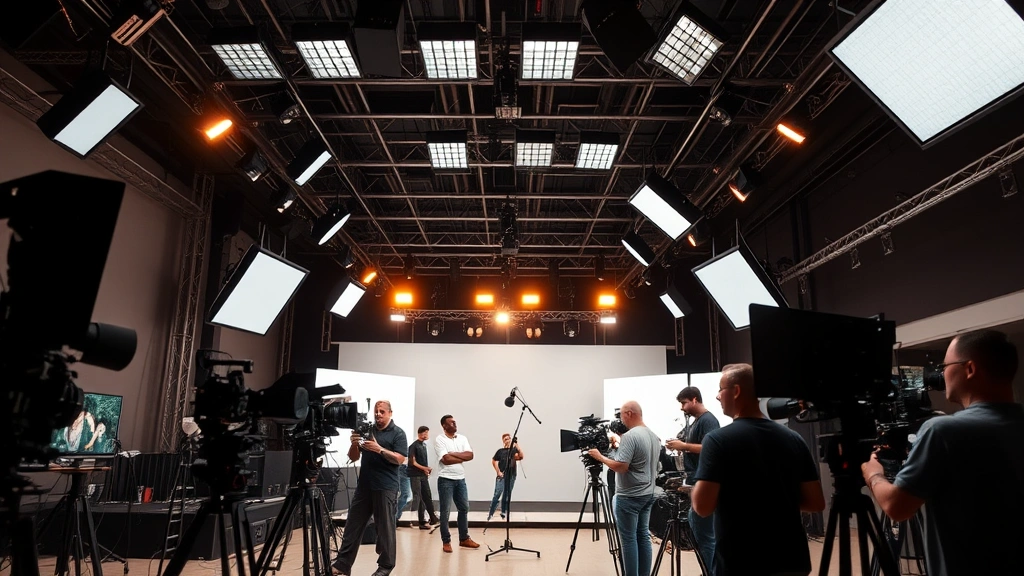Film and television production set environment, professional lighting rigs overhead, camera equipment and crew members working, contemporary production design, bright studio or location lighting