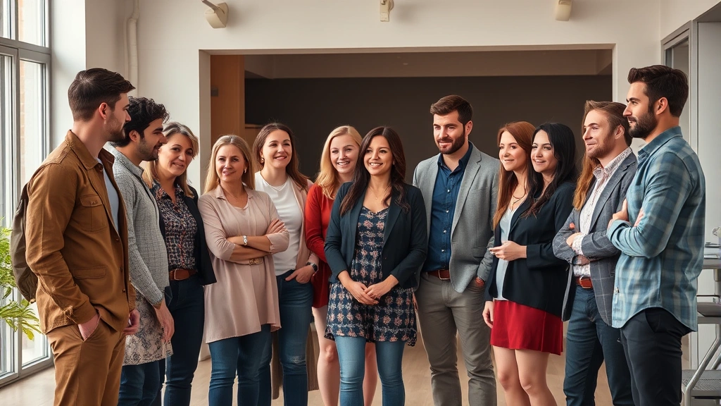 Diverse ensemble cast of contemporary actors in professional setting, natural interaction between performers, modern interior or exterior location, warm natural or professional lighting, authentic group dynamics