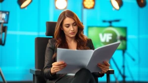 Professional female actor in modern television studio setting, sitting in director's chair reviewing script, warm studio lighting, contemporary production environment, thoughtful expression