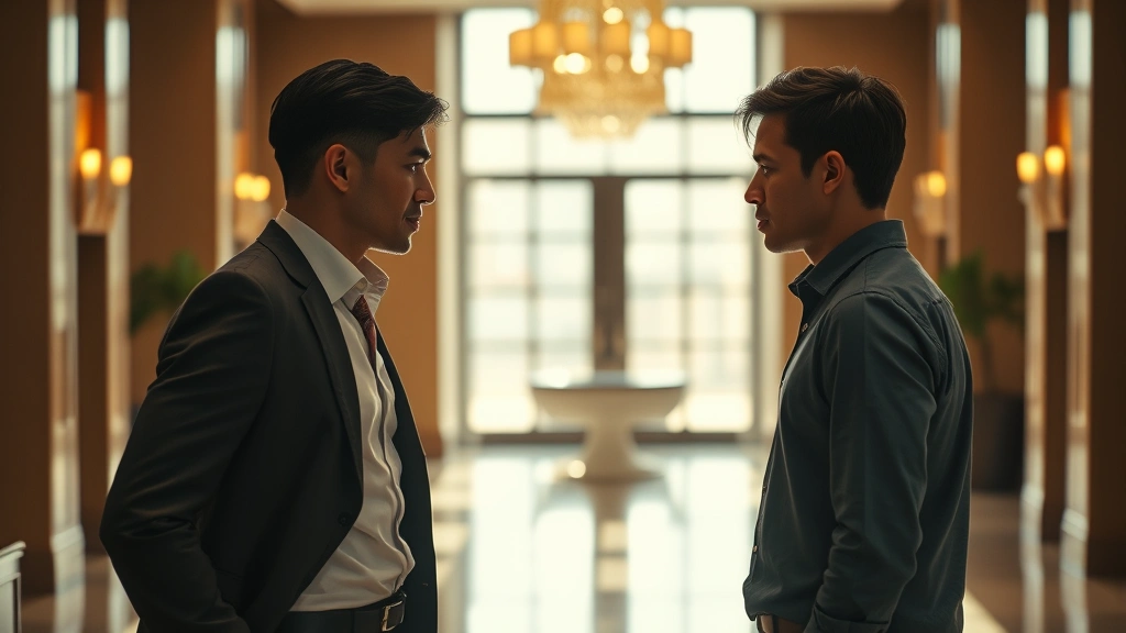 Two people in elegant modern interior space maintaining careful distance, warm lighting creating shadows between them, one person in professional attire the other in casual clothes, tension visible through body language and spatial positioning, cinematic depth of field