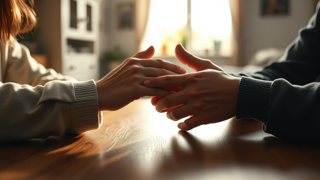 Close-up of hands nearly touching across a wooden table during conversation, soft natural window light creating warm tones, blurred home interior background suggesting domestic intimacy, emotional vulnerability captured through gesture and lighting
